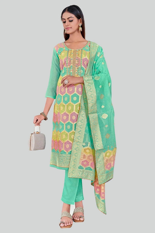 Sea Green Colour Chanderi Silk Pant Style Suit SM1110618