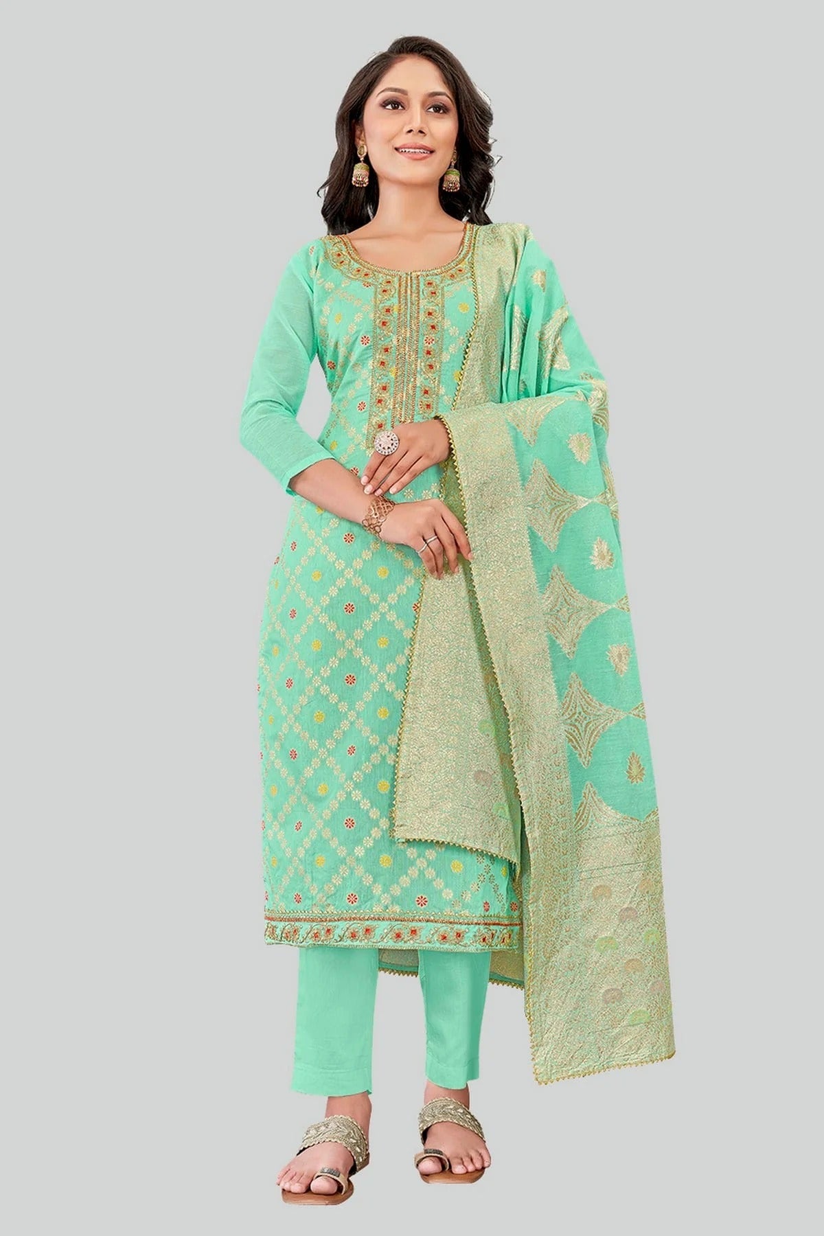 Sea Green Colour Chanderi Silk Pant Style Suit SM1110622