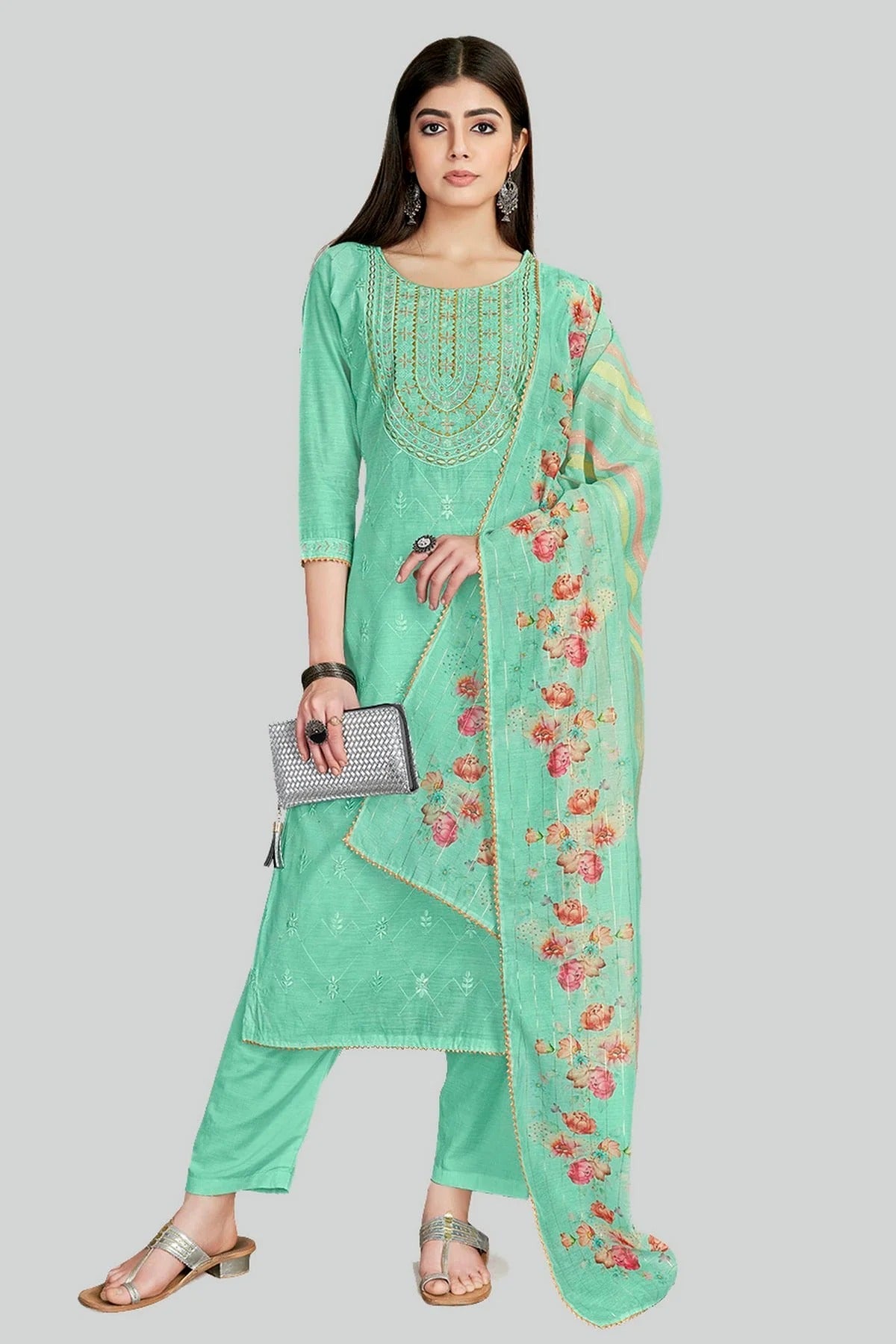 Sea Green Colour Chanderi Silk Pant Style Suit SM1110629