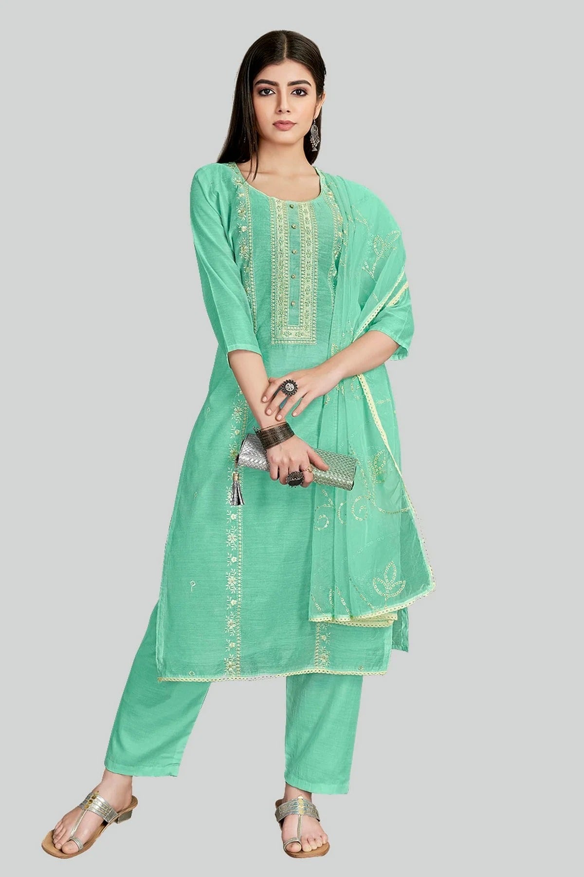 Sea Green Colour Chanderi Silk Pant Style Suit SM1110640