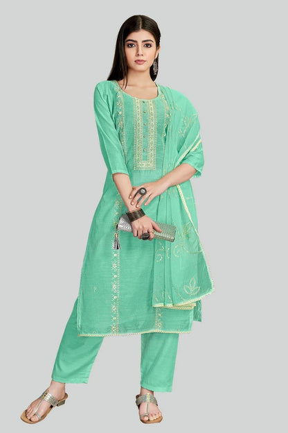Sea Green Colour Chanderi Silk Pant Style Suit SM1110640