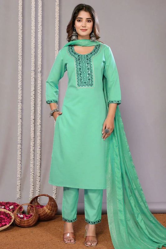 Sea Green Colour Cotton Blend Stitched Suit SS1112296