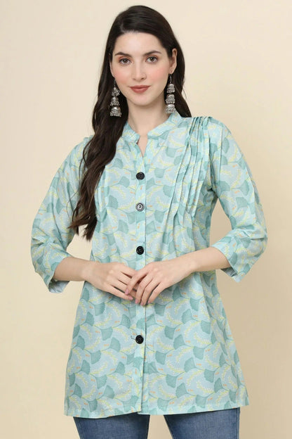 Sea Green Colour Cotton Printed Work Readymade Top TP1110788