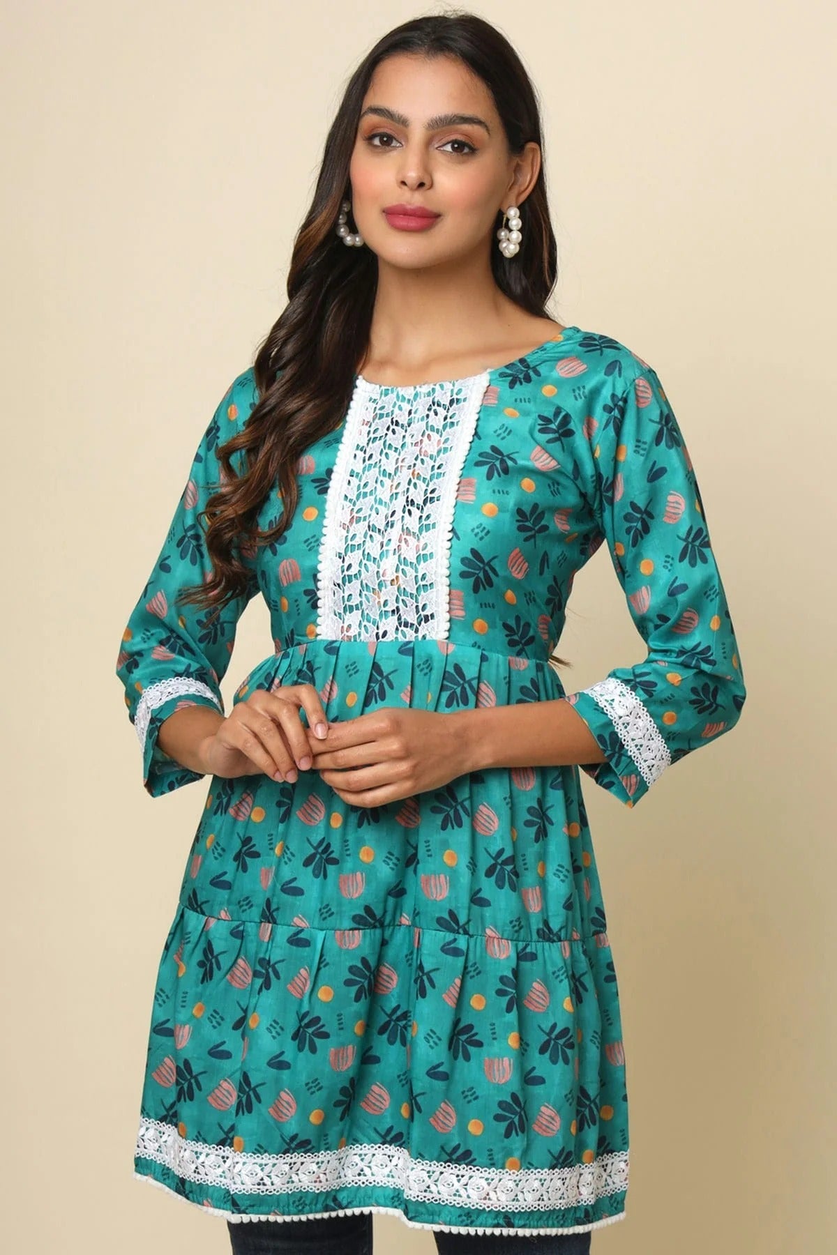 Sea Green Colour Cotton Printed_Lace Work Work Readymade Top TP1110769