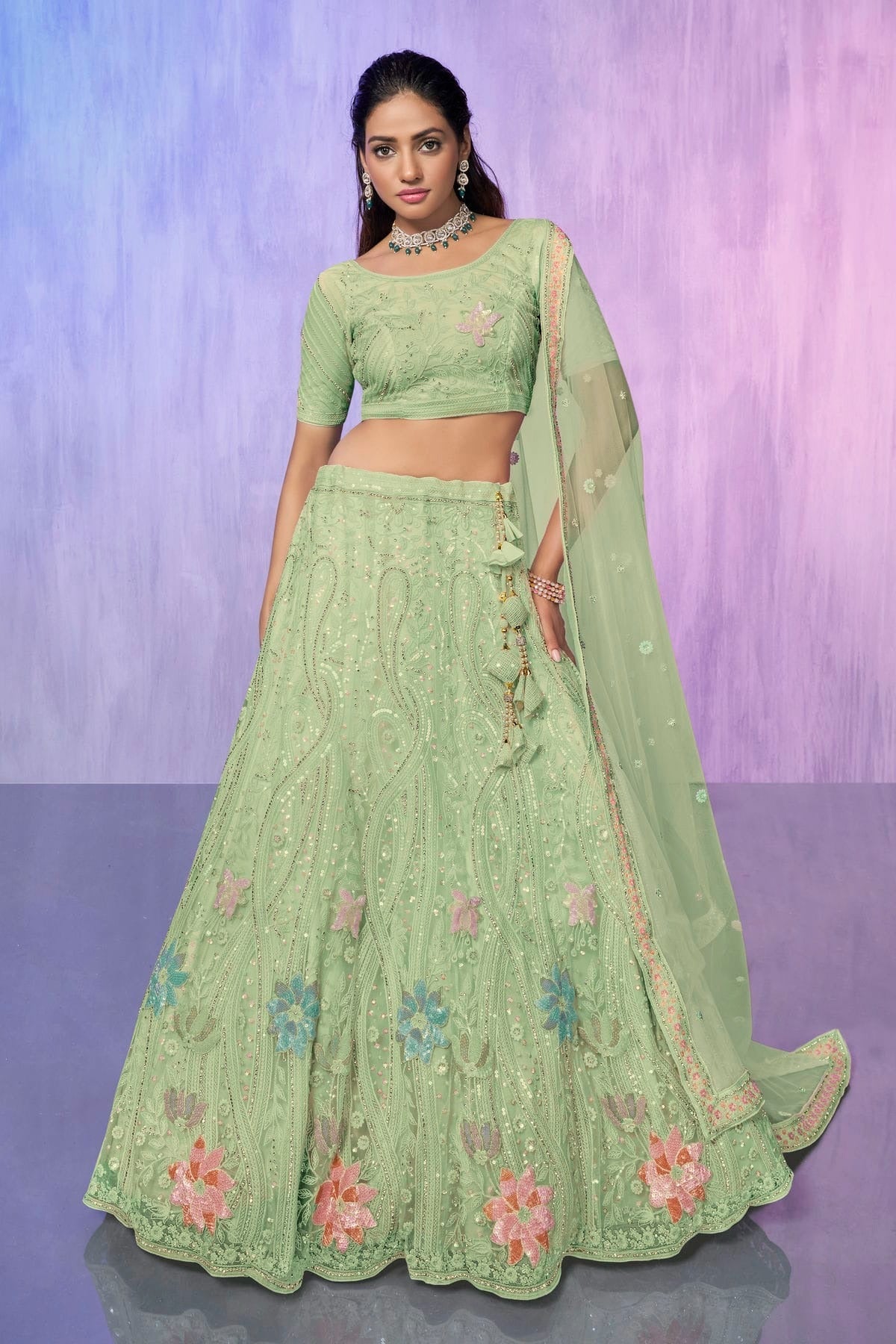 Sea Green Colour Embroidery Net Lehenga Choli LD1080742