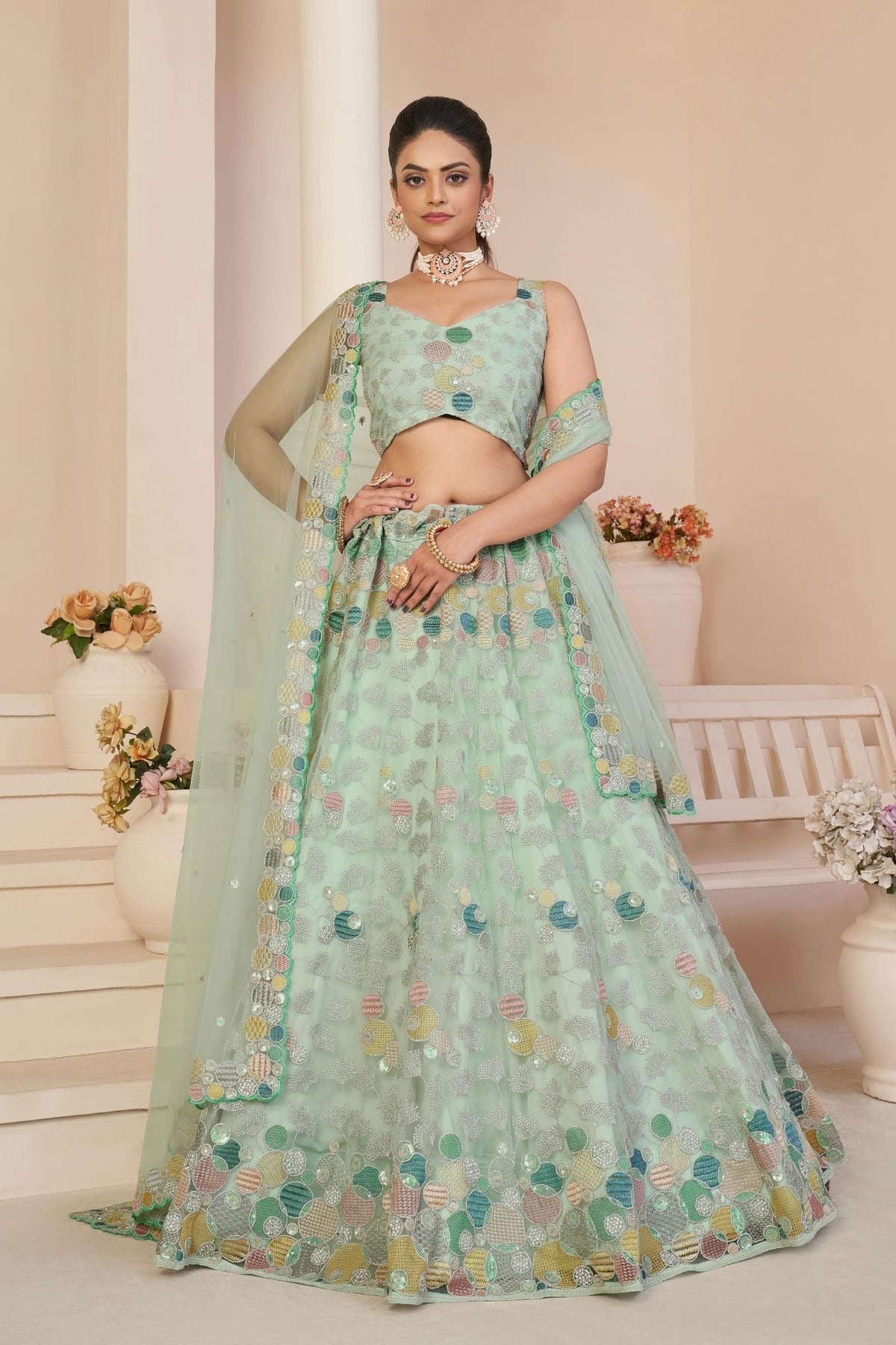 Sea Green Colour Embroidery Net Lehenga Choli LD1080853
