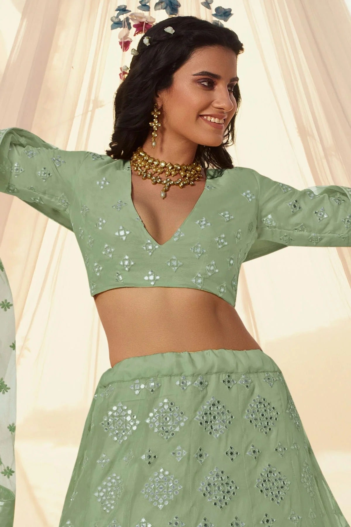 Sea Green Colour Embroidery Organza Lehenga Choli LD1080692 A