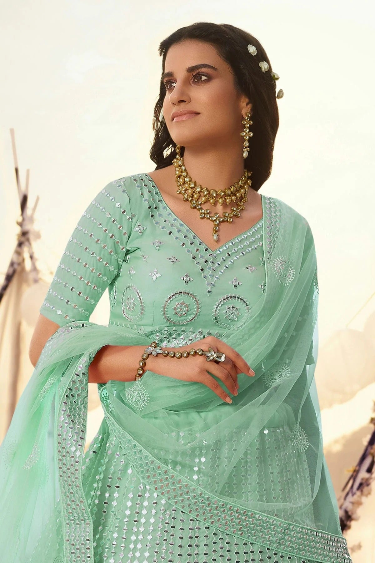 Sea Green Colour Embroidery Organza Lehenga Choli LD1080696 A
