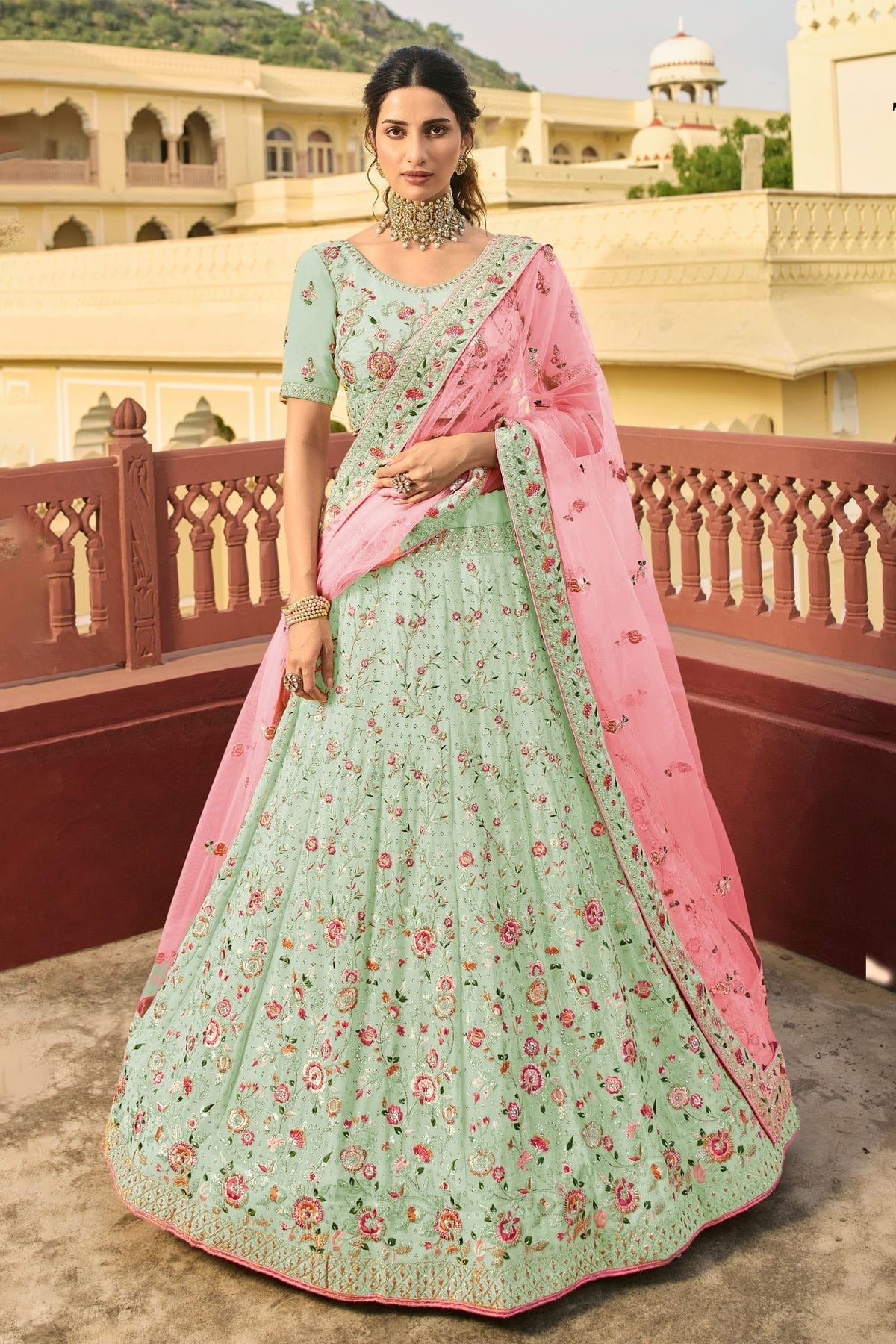 Sea Green Colour Embroidery Organza Lehenga Choli LD1080814 A