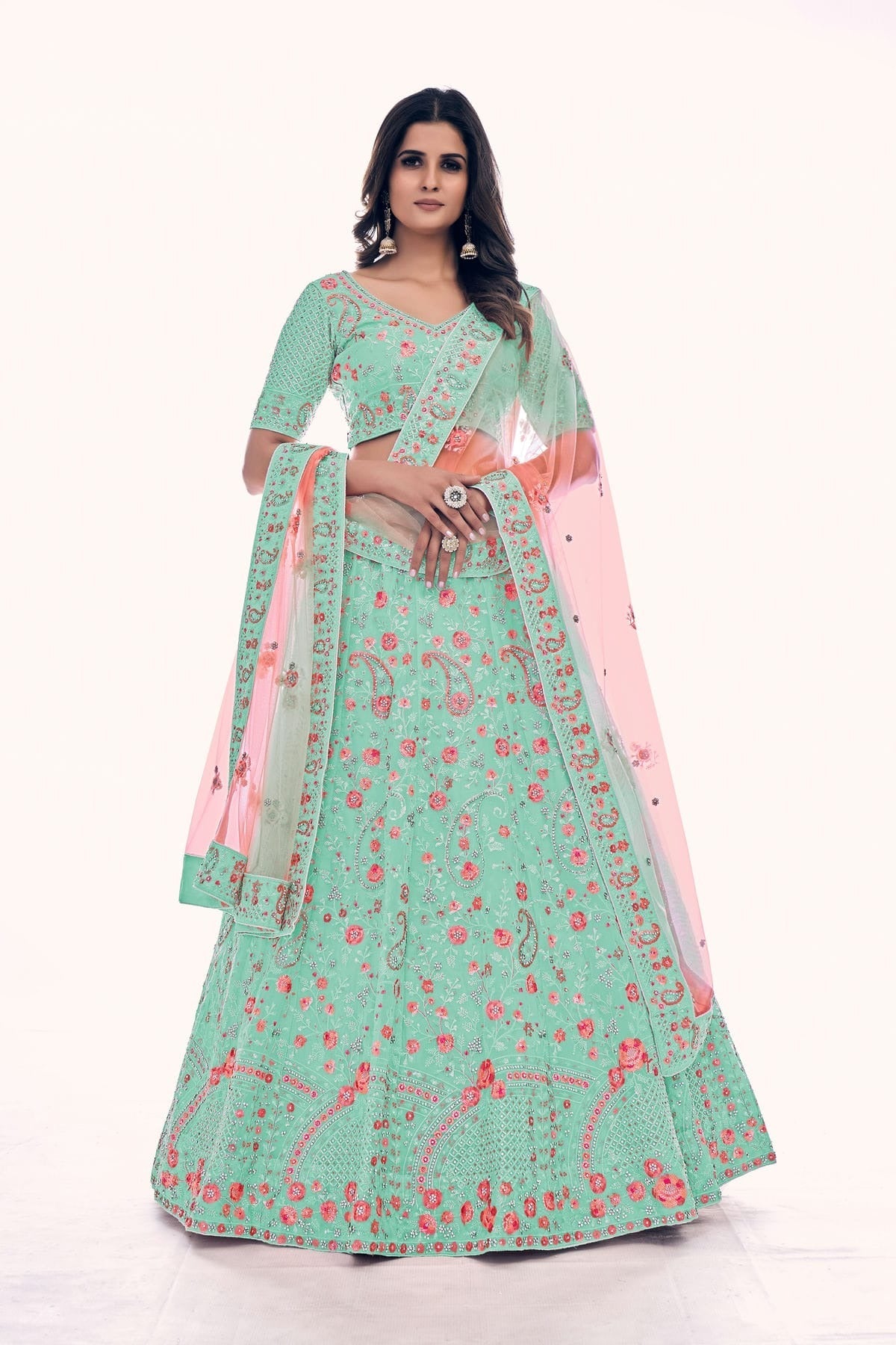 Sea Green Colour Embroidery Soft Net Lehenga Choli LD1080766