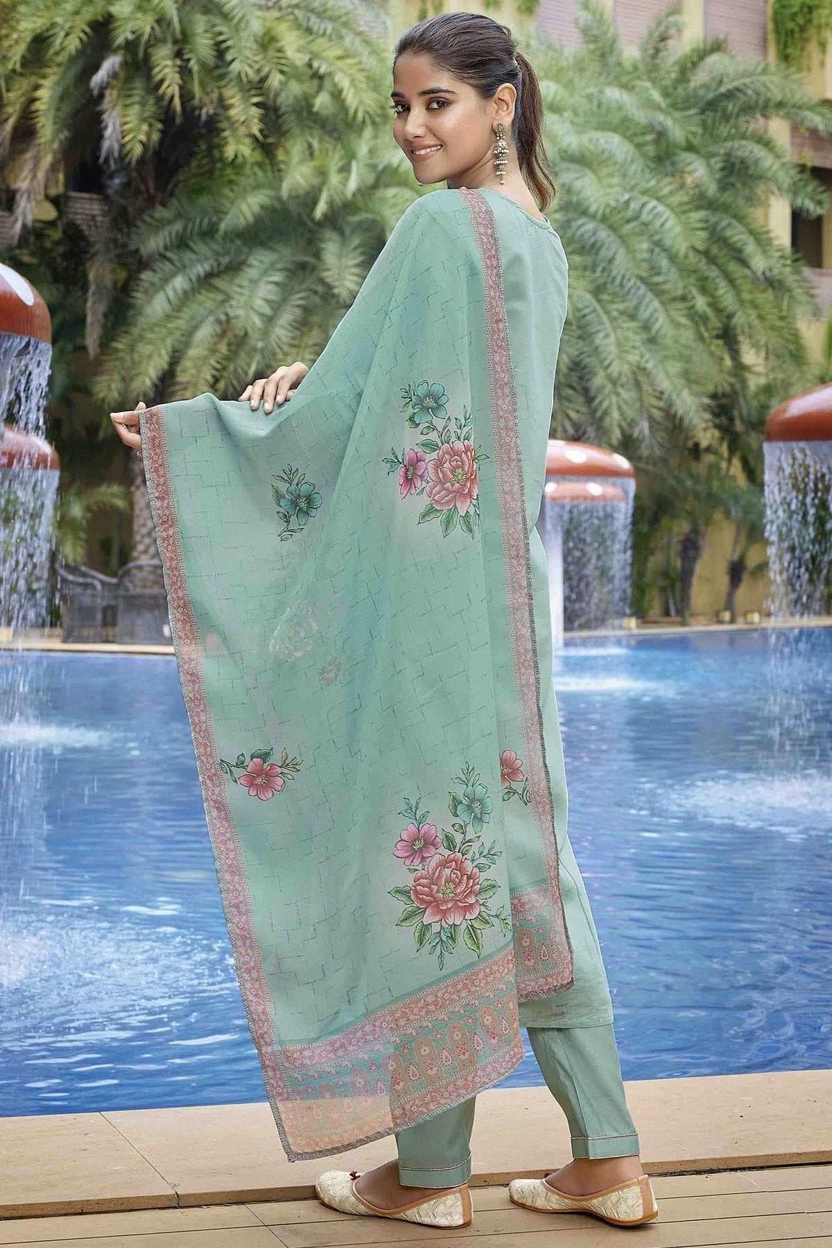 Sea Green Colour Embroidery Viscose Chanderi Pant Style Suit SS1113463 A