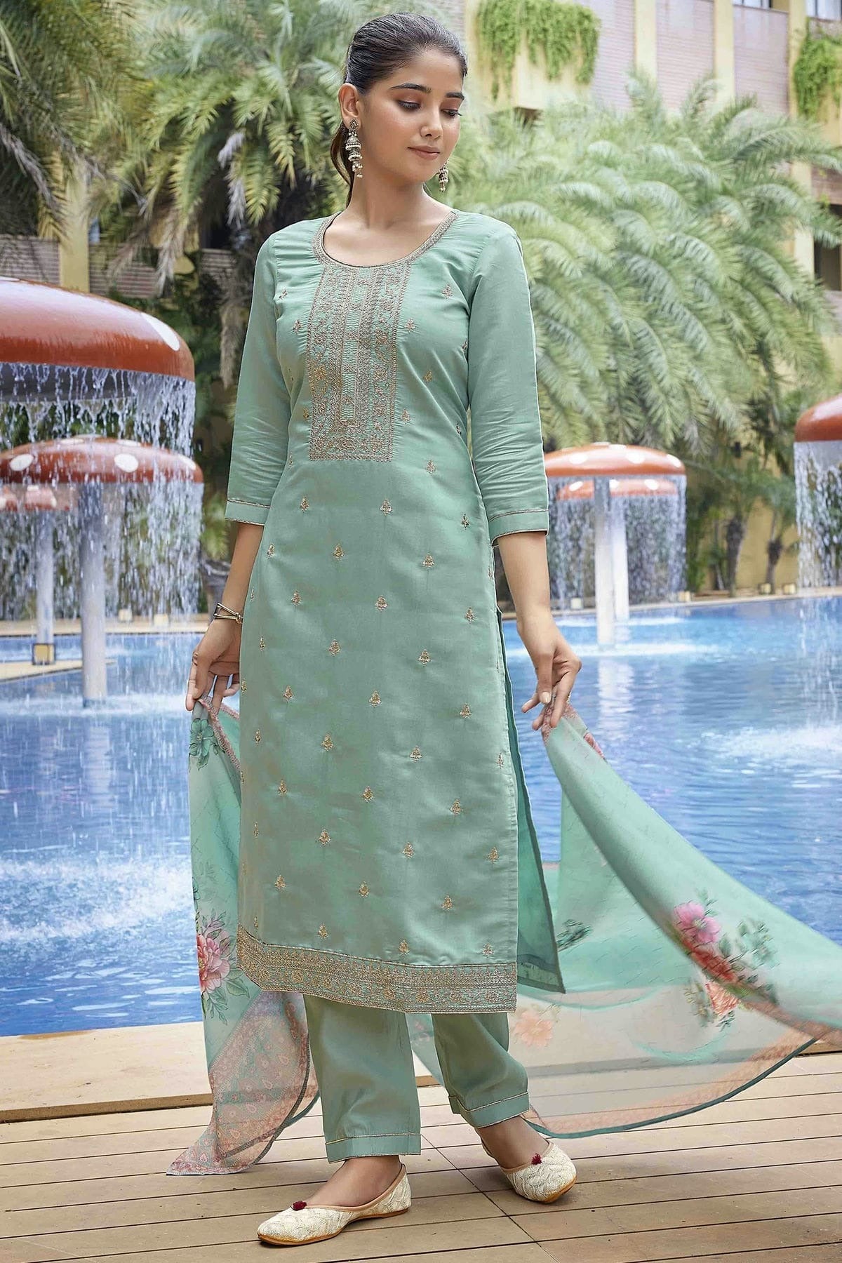 Sea Green Colour Embroidery Viscose Chanderi Pant Style Suit SS1113463