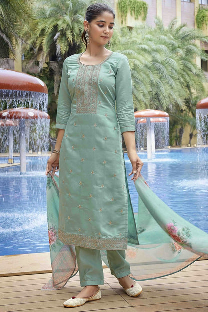 Sea Green Colour Embroidery Viscose Chanderi Pant Style Suit SS1113463