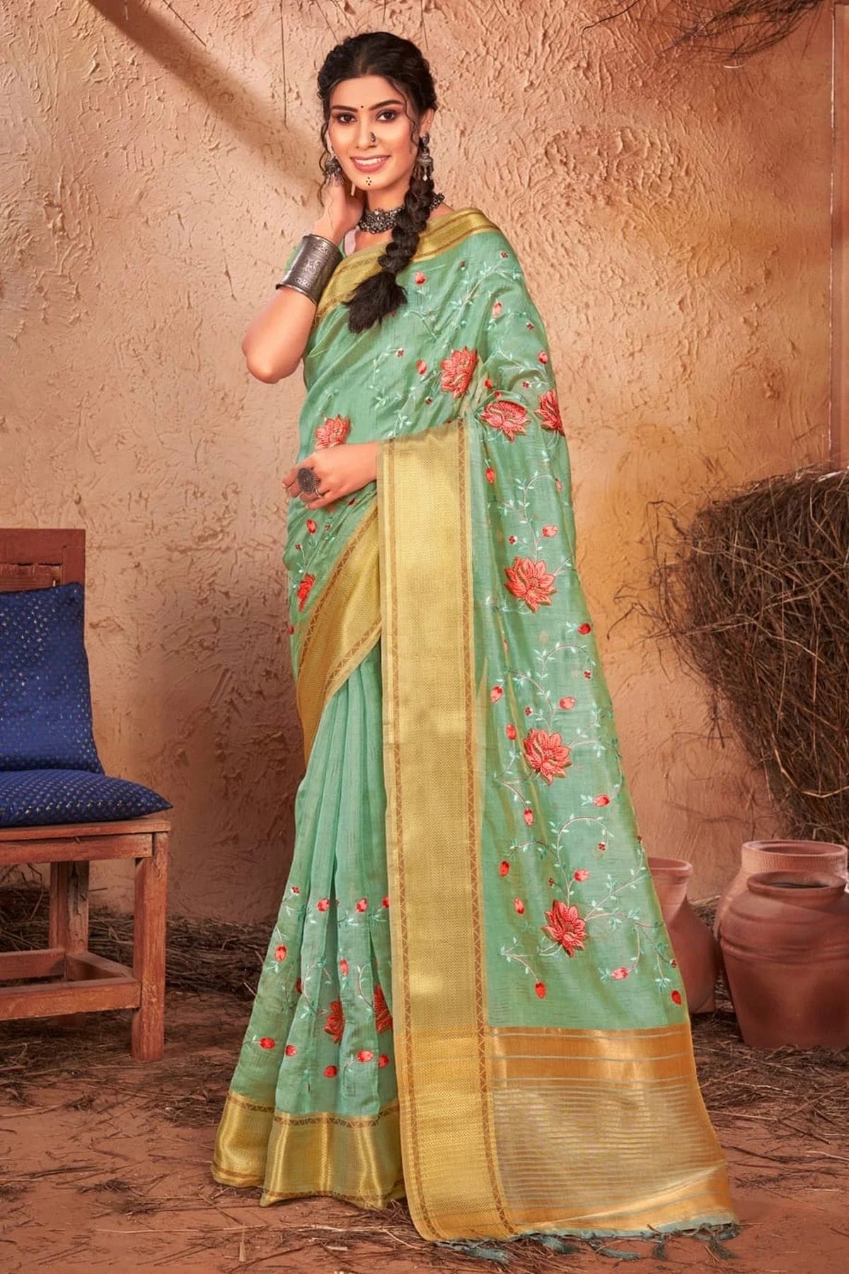 Sea Green Colour Embroidery Work Organza Saree SD1101386