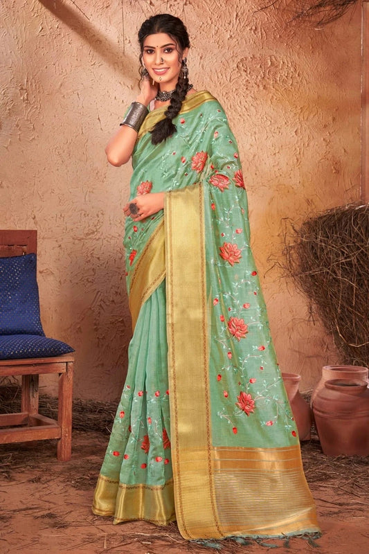 Sea Green Colour Embroidery Work Organza Saree SD1101386