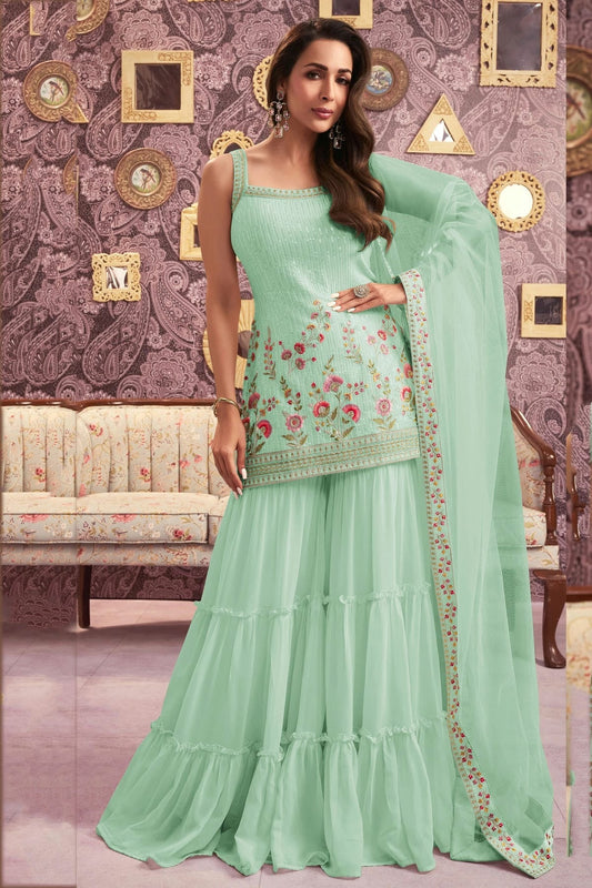 Sea Green Colour Faux Georgette Semi Stitched Sharara Suit SM1140488