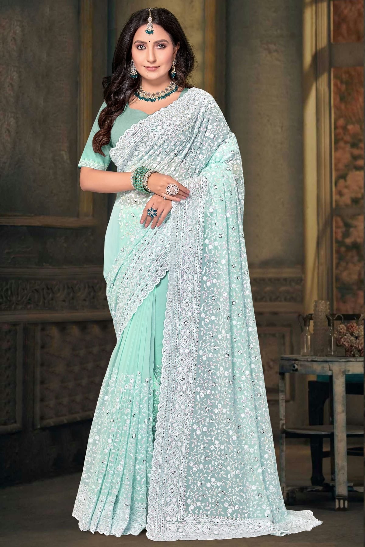 Sea Green Colour Georgette Designer Saree SD1091221