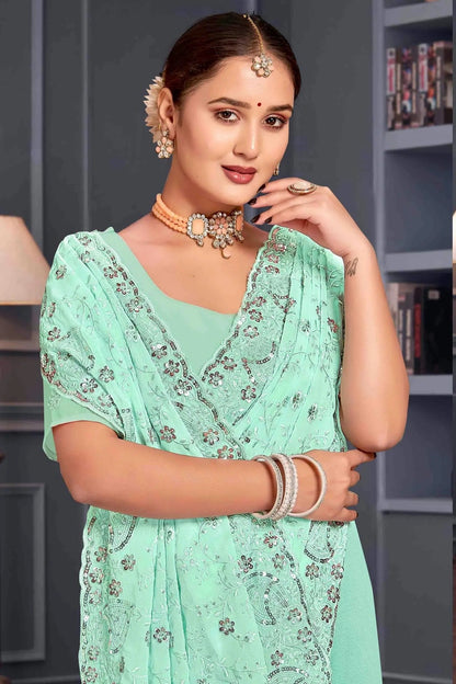Sea Green Colour Georgette Embroidery Work Designer Saree SD1091249 A