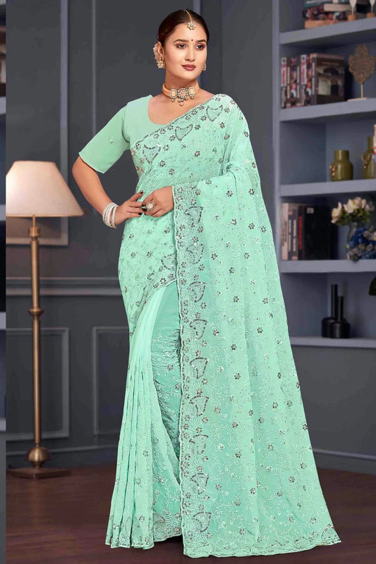Sea Green Colour Georgette Embroidery Work Designer Saree SD1091249