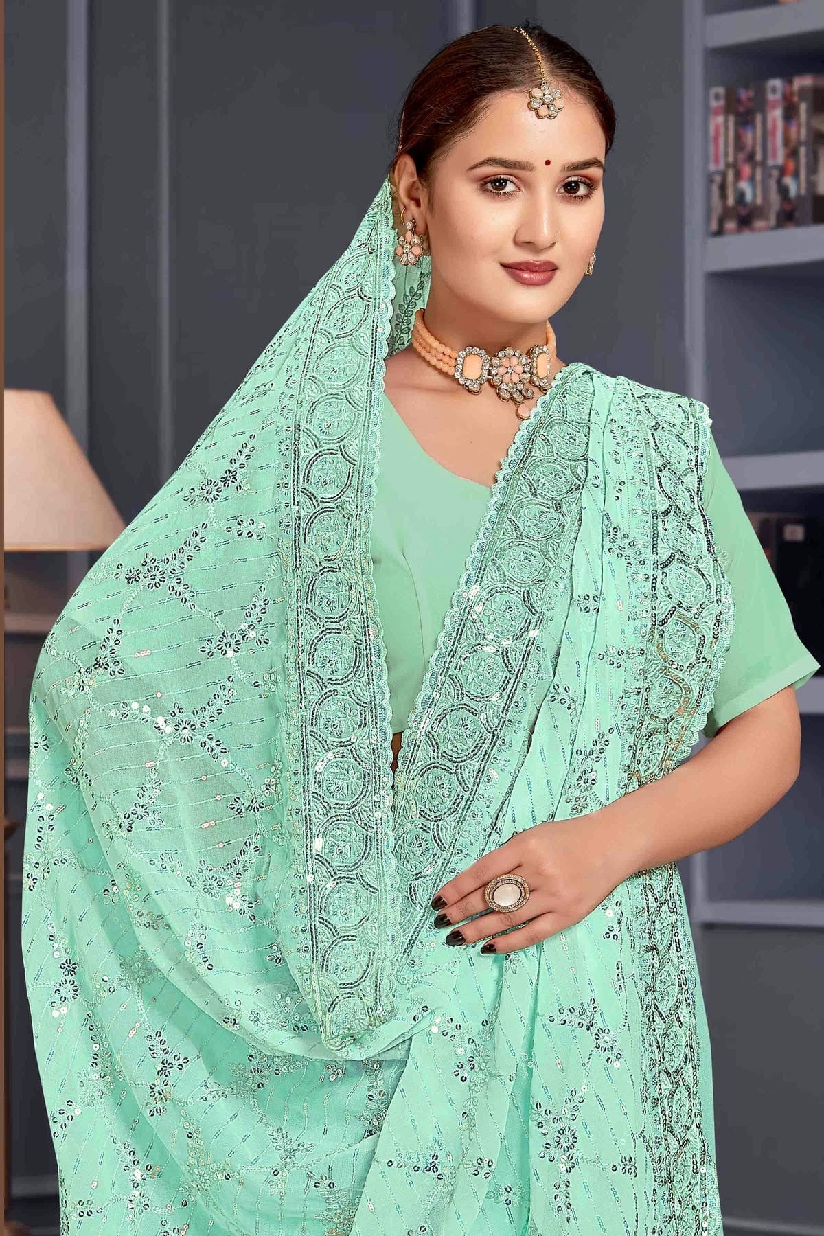Sea Green Colour Georgette Embroidery Work Designer Saree SD1091253 A