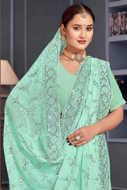 Sea Green Colour Georgette Embroidery Work Designer Saree SD1091253 A