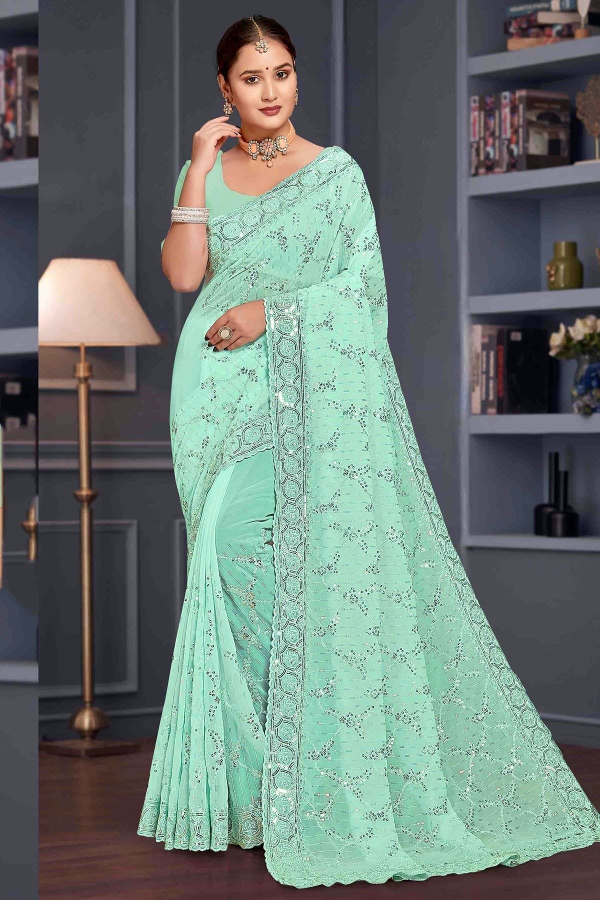Sea Green Colour Georgette Embroidery Work Designer Saree SD1091253