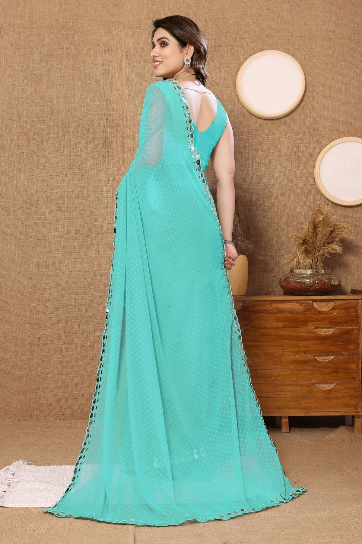 Sea Green Colour Georgette Mirror Work Saree SD1180090 A