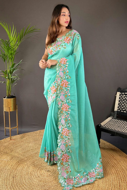Sea Green Colour Glossy Silk Designer Saree SD1111893
