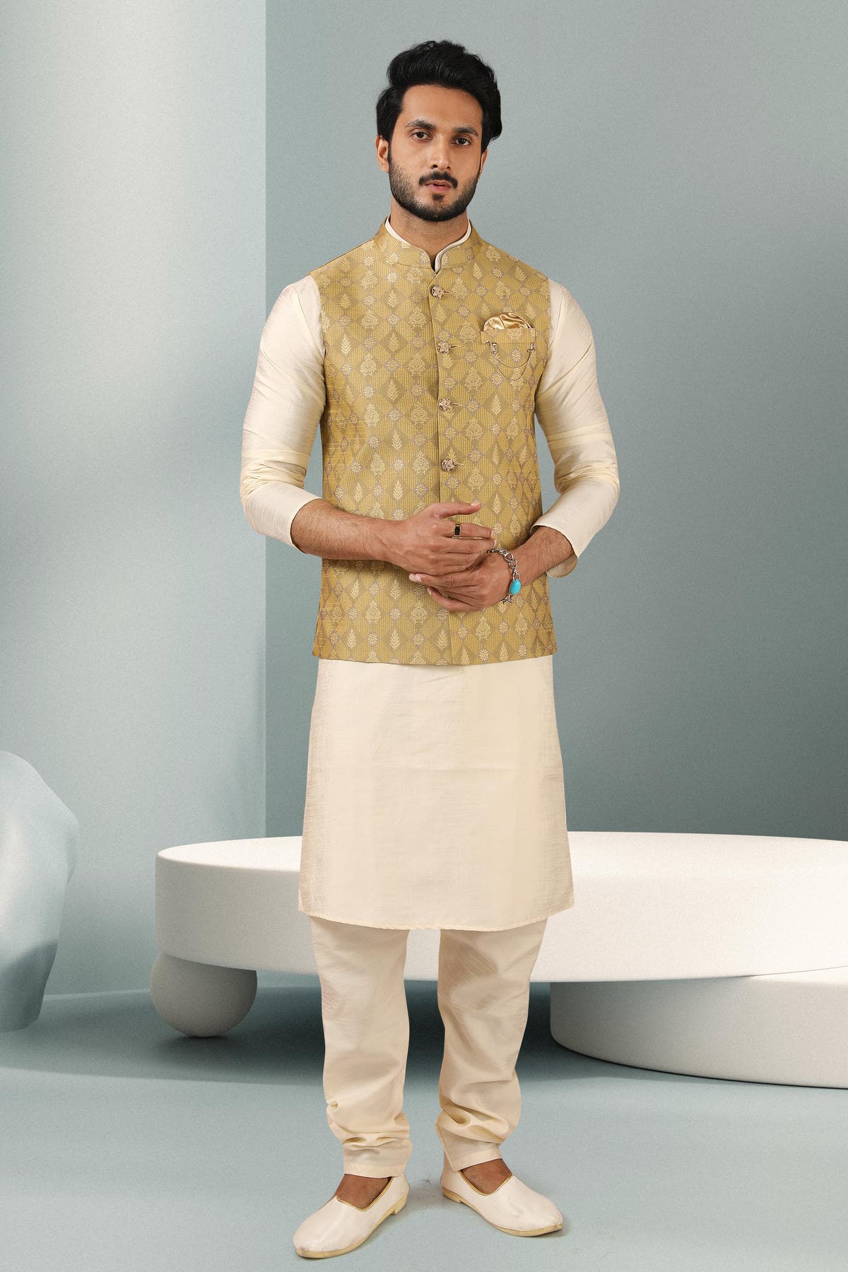 Sea Green Colour Jacquard Banarasi Silk Woven Work Kurta Pajama With Jacket