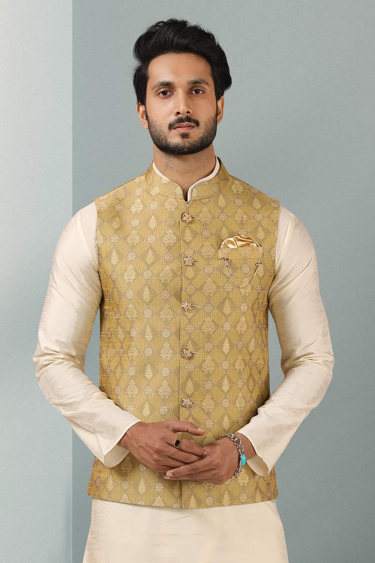 Sea Green Colour Jacquard Banarasi Silk Woven Work Kurta Pajama With Jacket
