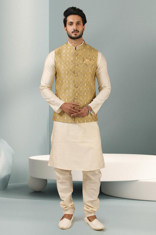 Sea Green Colour Jacquard Banarasi Silk Woven Work Kurta Pajama With Jacket