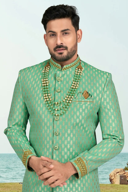 Sea Green Colour Jacquard Indo Western Sherwani SH1040504 A