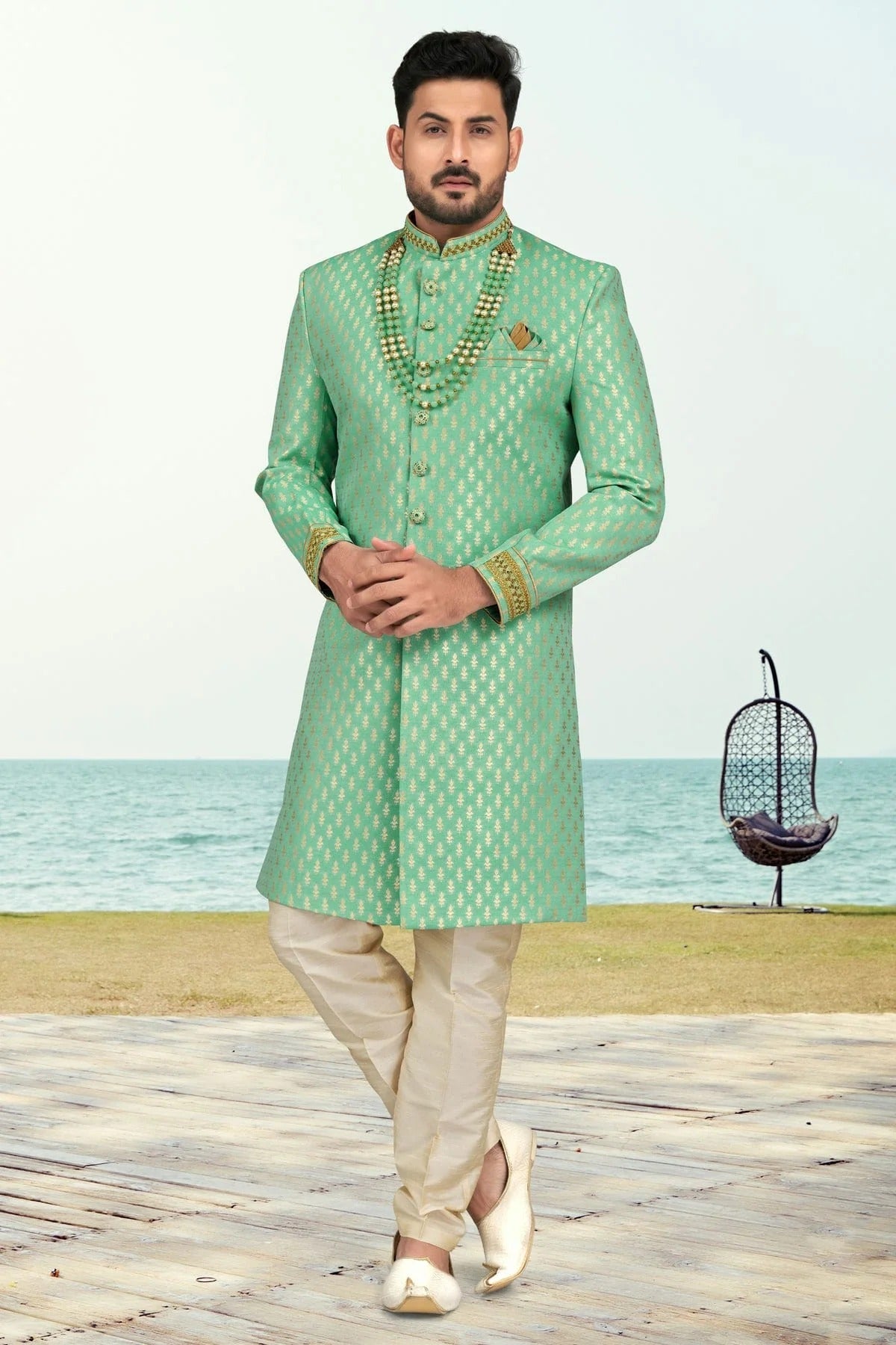 Sea Green Colour Jacquard Indo Western Sherwani SH1040504