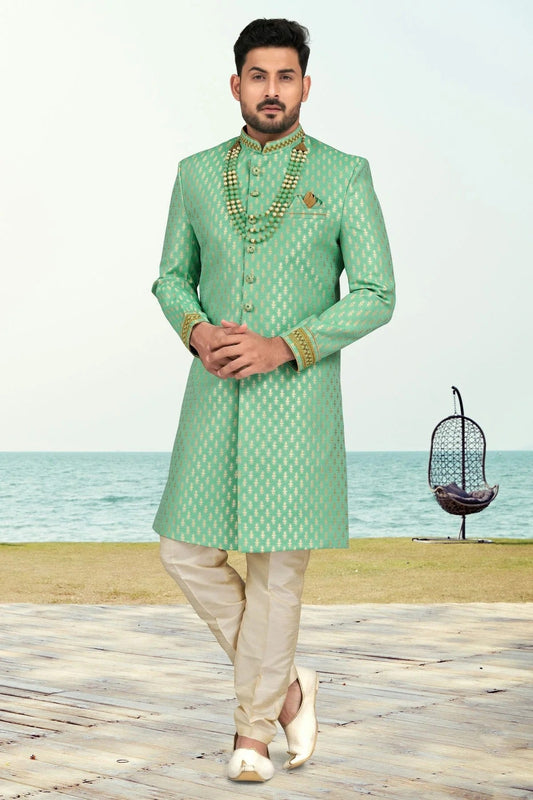 Sea Green Colour Jacquard Indo Western Sherwani SH1040504