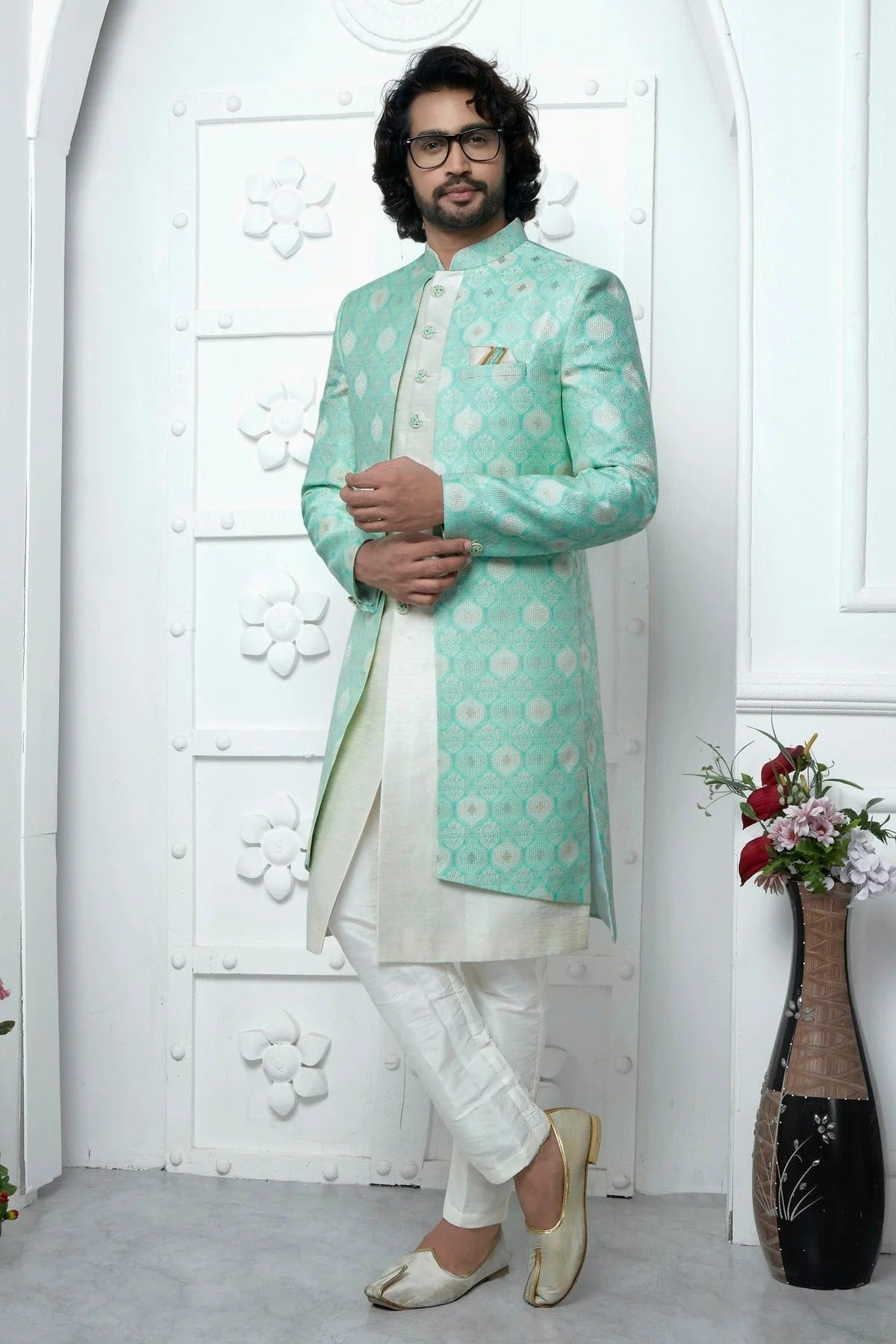 Sea Green Colour Jacquard Silk Indowestern Sherwani With Aligadhi Pant SH1230033 A
