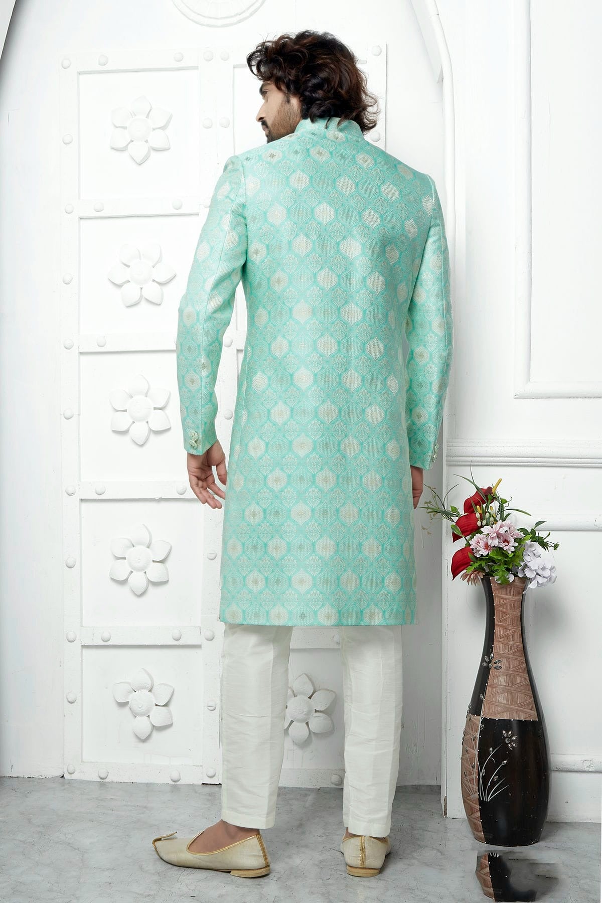 Sea Green Colour Jacquard Silk Indowestern Sherwani With Aligadhi Pant SH1230033 B