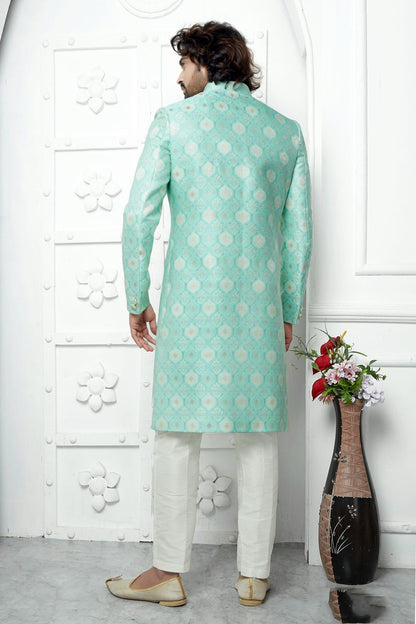 Sea Green Colour Jacquard Silk Indowestern Sherwani With Aligadhi Pant SH1230033 B