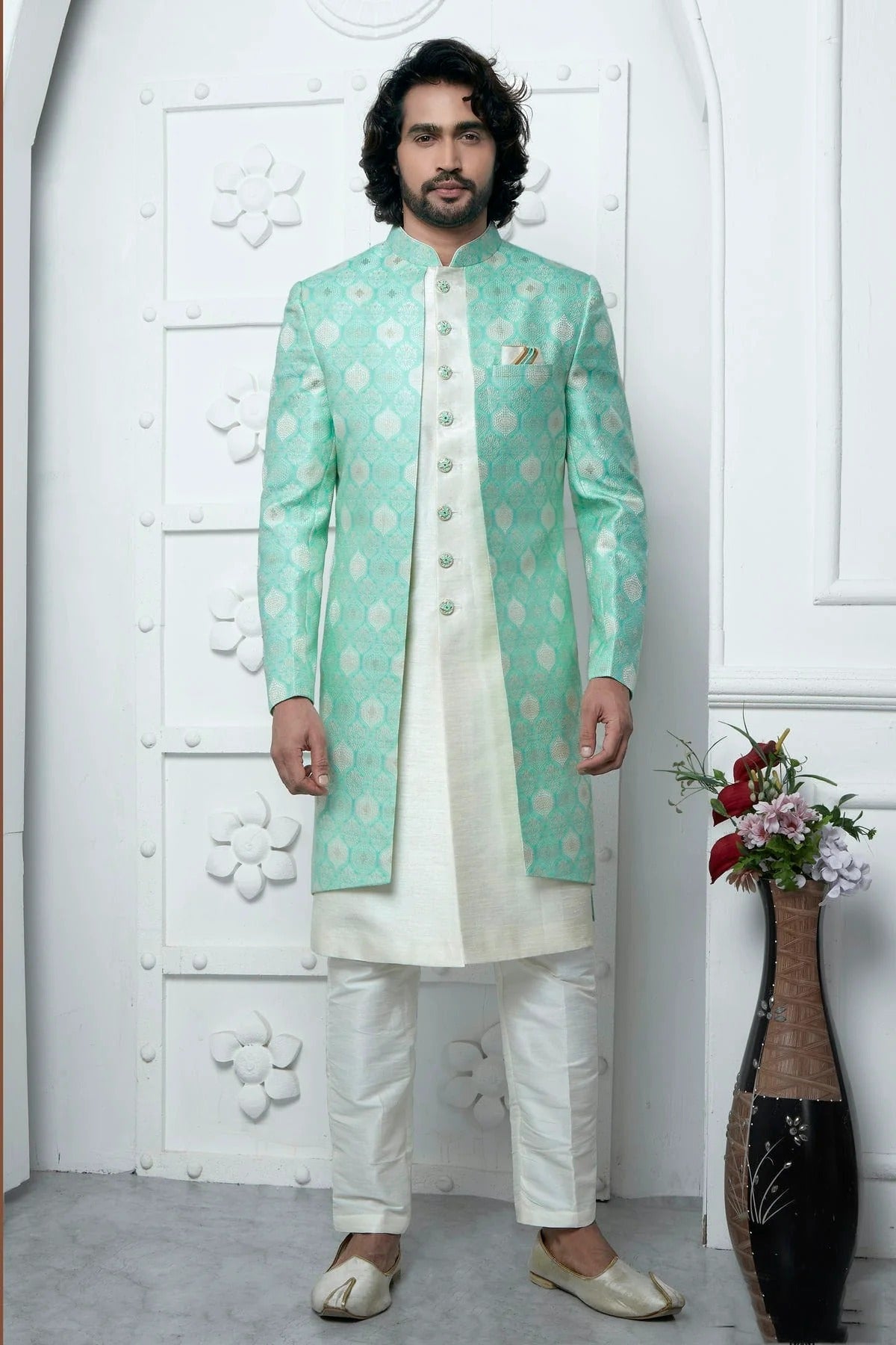 Sea Green Colour Jacquard Silk Indowestern Sherwani With Aligadhi Pant SH1230033