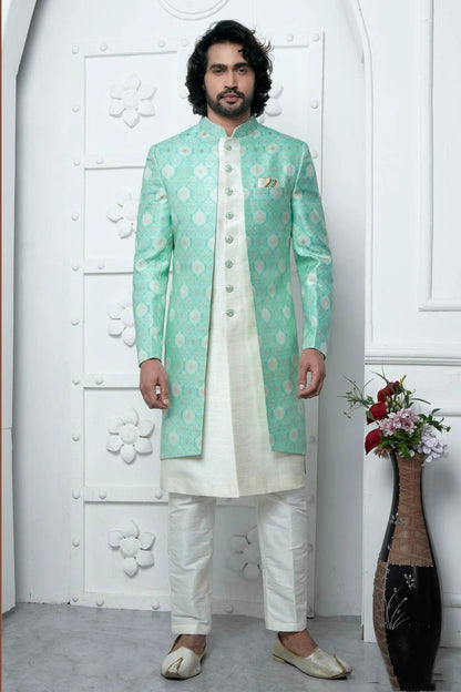 Sea Green Colour Jacquard Silk Indowestern Sherwani With Aligadhi Pant SH1230033