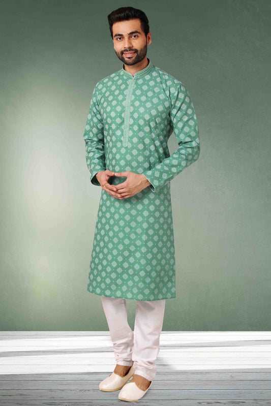 Sea Green Colour Kurta Pajama In Cotton KP1210121