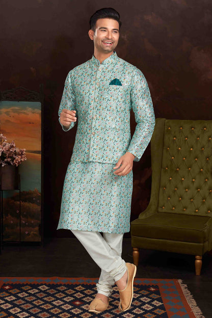 Sea Green Colour Kurta Pajama With Jacket In Malai Silk KP1210437 A