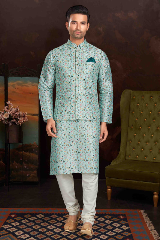 Sea Green Colour Kurta Pajama With Jacket In Malai Silk KP1210437