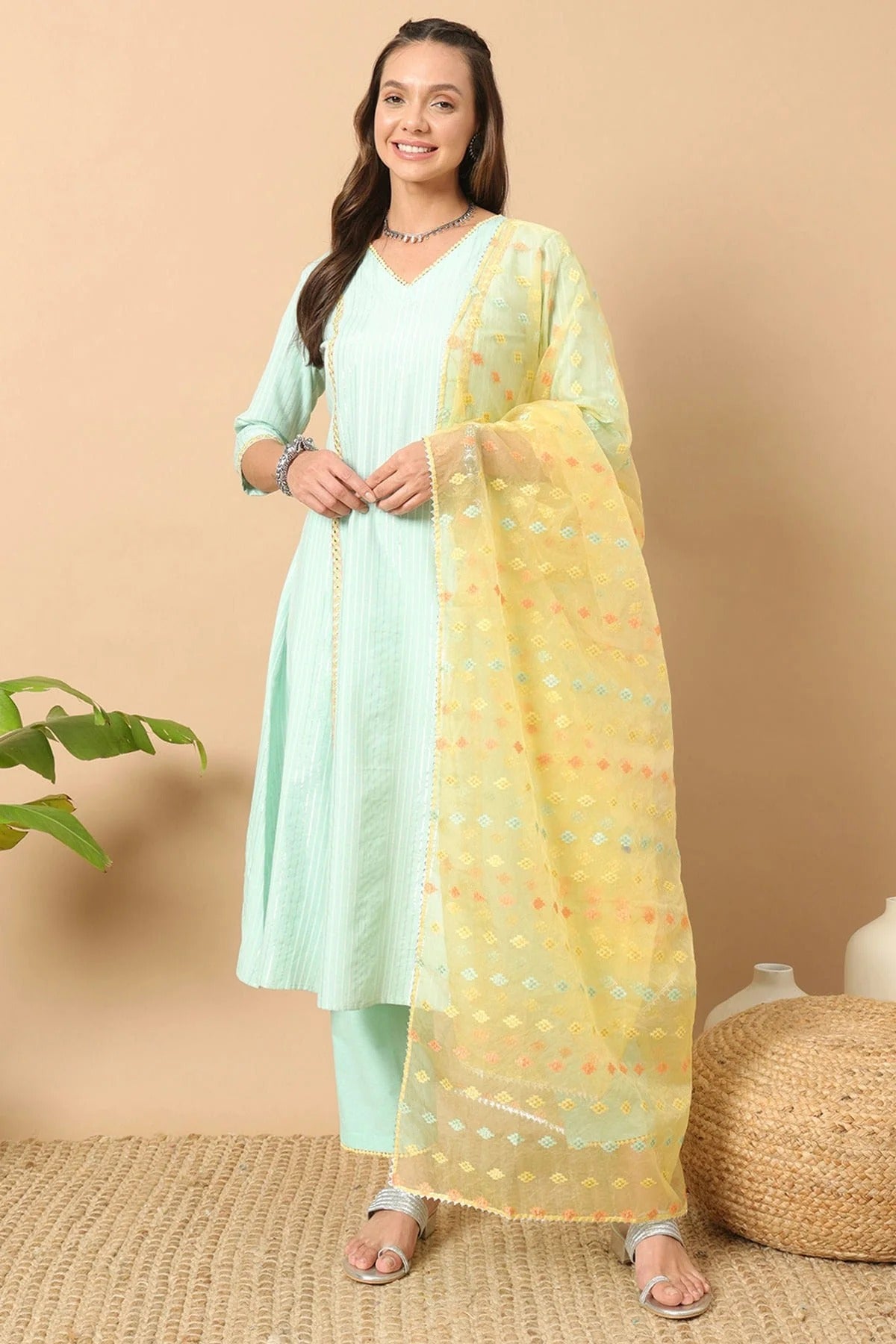 Sea Green Colour Lurex Cotton Stitched Salwar Suit SS1111970