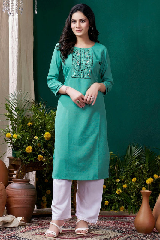 Sea Green Colour Maaza Cotton Kurta And Pant Set KR1111339