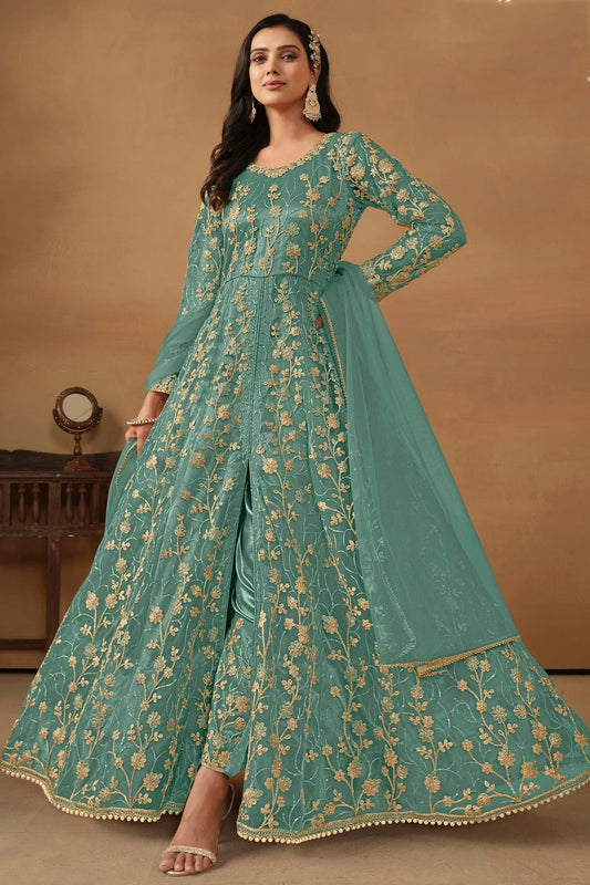 Sea Green Colour Net Pant Style Suit SM1050574