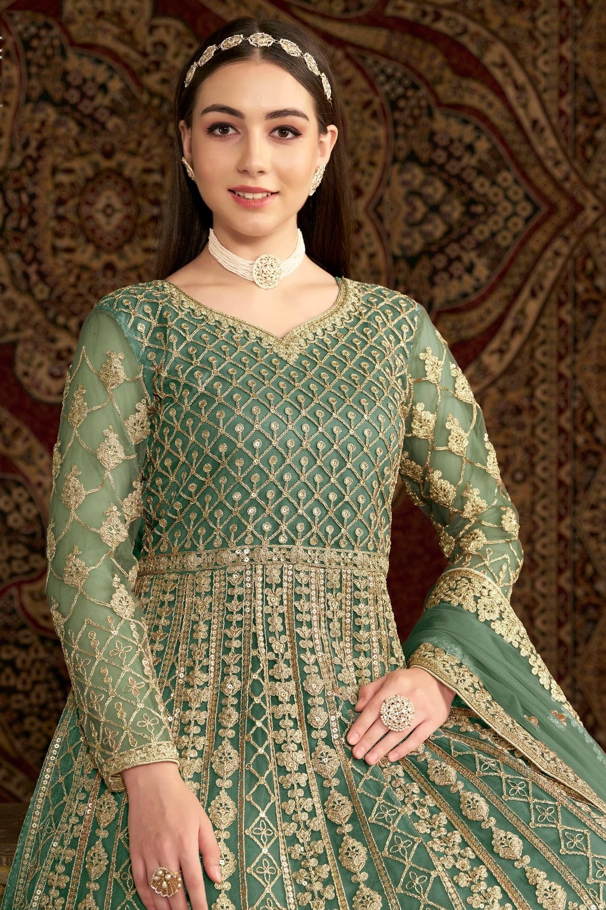 Sea Green Colour Net Semi Stitched Anarkali Suit SM1050658 B