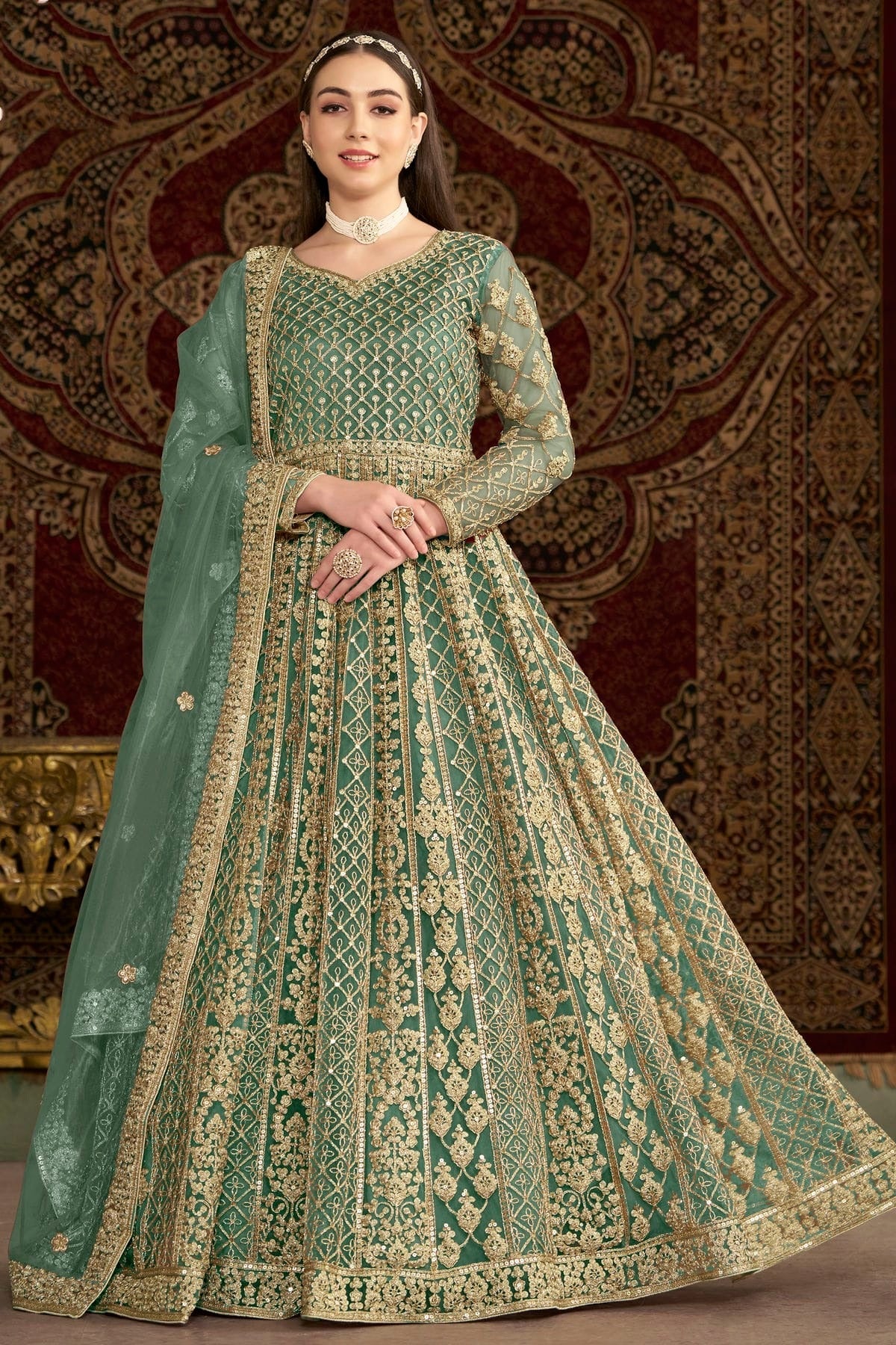 Sea Green Colour Net Semi Stitched Anarkali Suit SM1050658