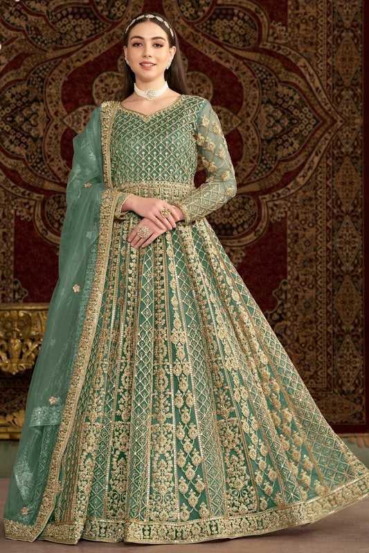 Sea Green Colour Net Semi Stitched Anarkali Suit SM1050658