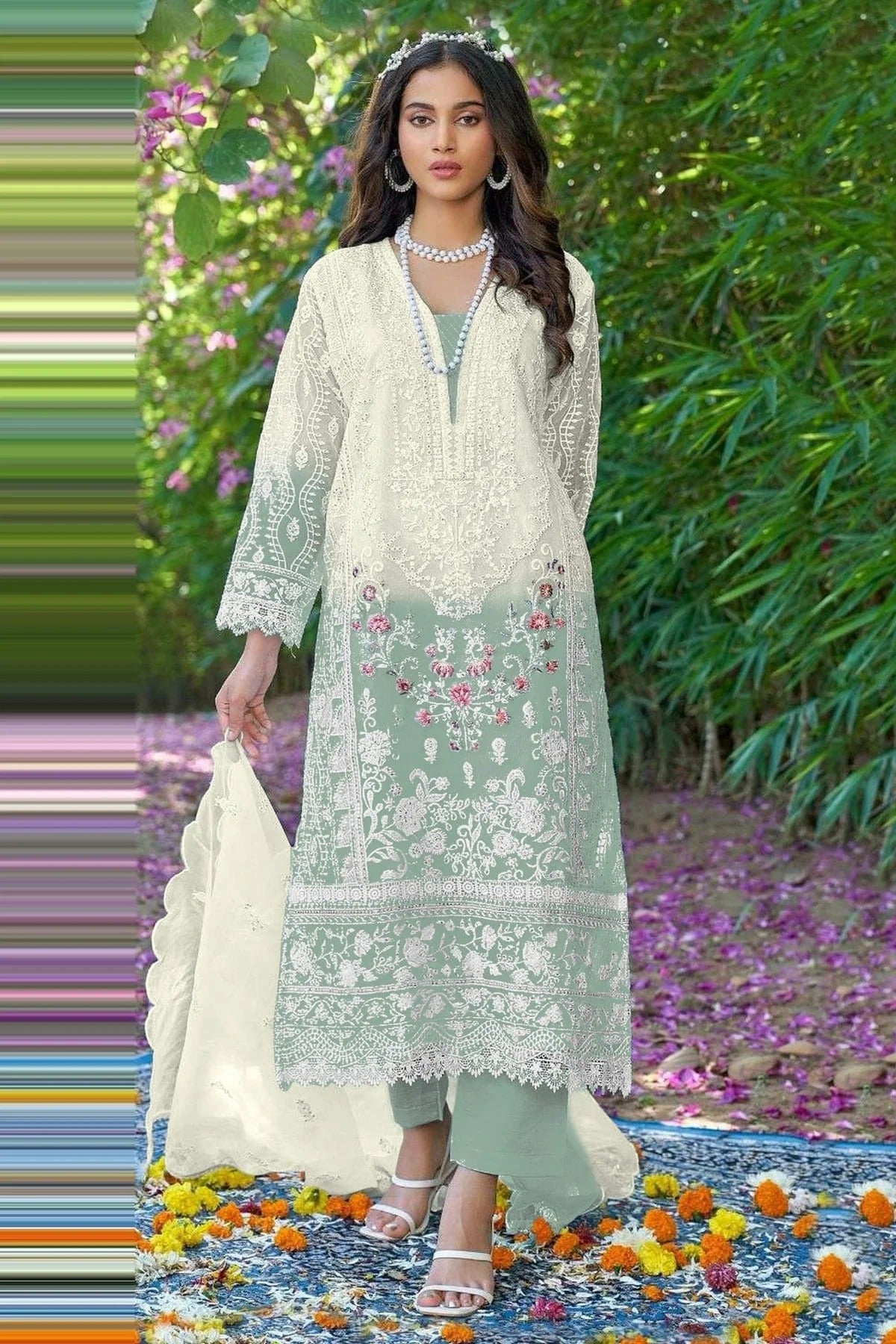 Sea Green Colour Organza Pakistani Suit SM1140043