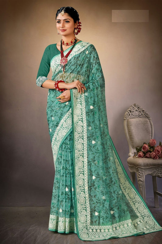 Sea Green Colour Organza Printed Saree LC1121576